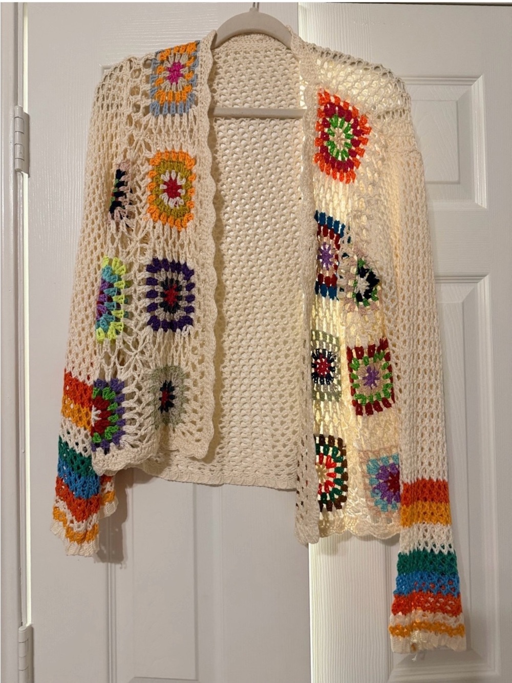 Crochet Open-Front Cream Sweater with Multicolor Accents